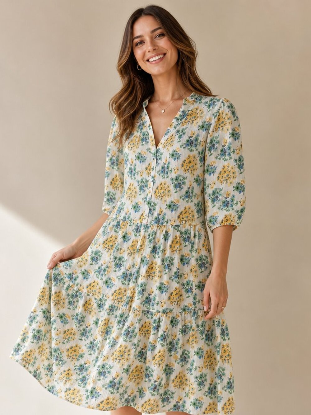 Paul & Joe Cream Midi Dress – Yellow & Blue Floral Print, Size Large in EUC